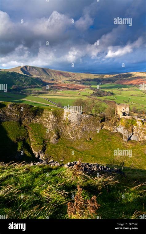 Mam Tor and Peveril Castle a Norman fortress built 1176 by Henry II near Castleton in the Peak ...