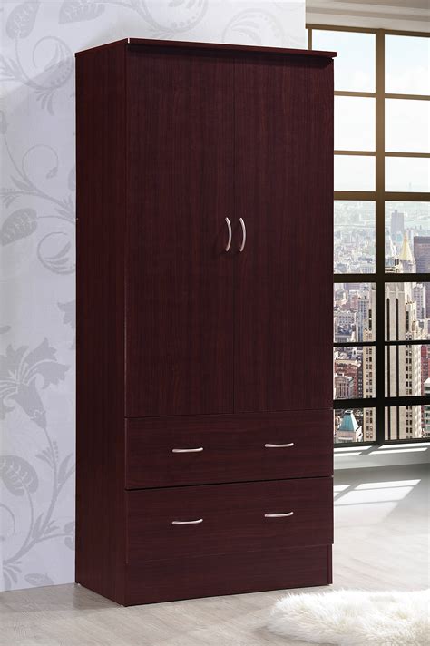 2 Door Wardrobe Closet W/ Drawers Hanging Rod Mahogany Armoire Clothes ...