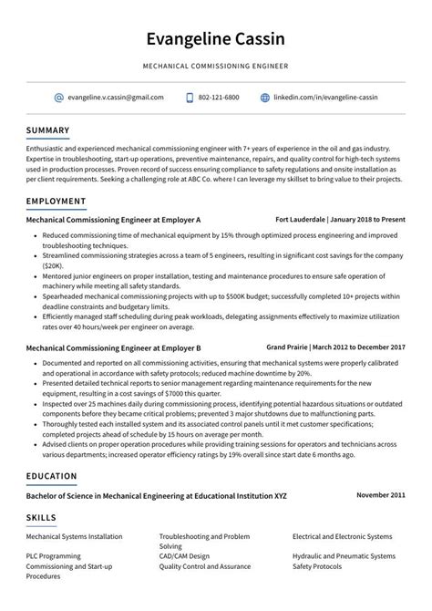 Mechanical Commissioning Engineer Resume (CV) Example and Writing Guide