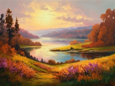 Premium AI Image | A painting of a river with a sunset in the background.