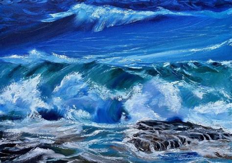 "Turning Blue" Big Wave on Rocky Beach Shore, Oil on Canvas Painting | Seascape paintings, Beach ...