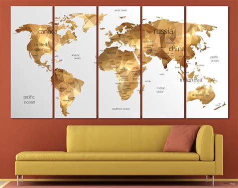 15% OFF coupon on Large gold world map canvas print set, Geometric gold ...