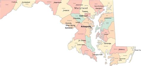 Multi Color Maryland Map with Counties, Capitals, and Major Cities
