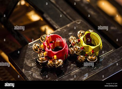 Sleigh bells, jingle bells. Percussion instrument worn around the ...