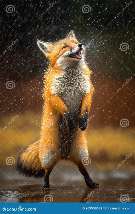 Cute Red Fox Dancing in the Rain Stock Illustration - Illustration of ...