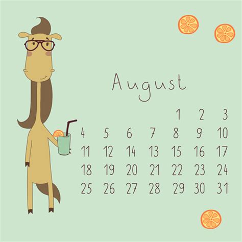 Cute Cartoon August Calendar design vector free download