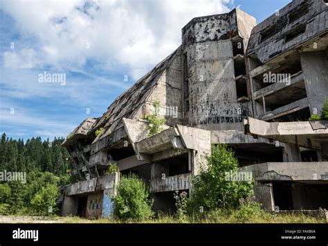 Ruins of Igman Hotel near Igman Olympic Jumps, destroyed during Stock Photo, Royalty Free Image ...