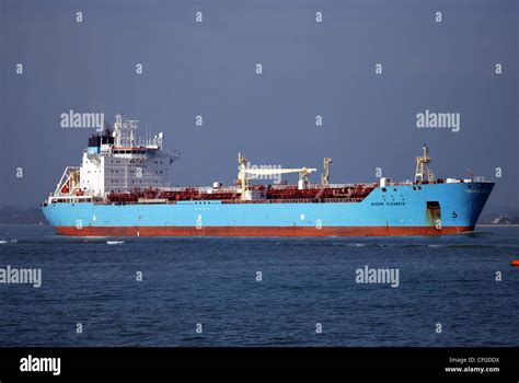 The oil tanker ship "Maersk Elisabeth" departs the Solent from the Esso oil Refinery at Fawley ...