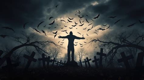 Premium AI Image | Zombie emerges from spooky graveyard on Halloween night full moon and bats