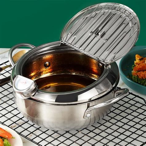 【Simplelove】 Stainless Steel Deep Fryer Pan Japanese Cooking Frying Pot with Thermometer ...