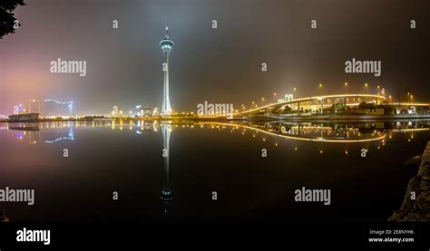 Night view of the Macau-Taipa Bridge and Tower at Macau, China Stock ...