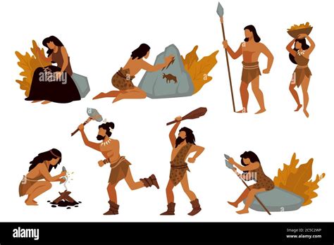 Tribal people, gatherers and hunters, prehistoric civilizations vector ...