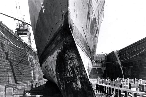 USS Buckley in drydock at the Boston Navy Yard, her bow bent from ramming U-66. Upon ramming ...