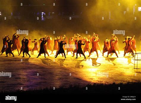 Performers dance, Opening ceremony of the London 2012 Olympic Games at the Olympic Stadium ...