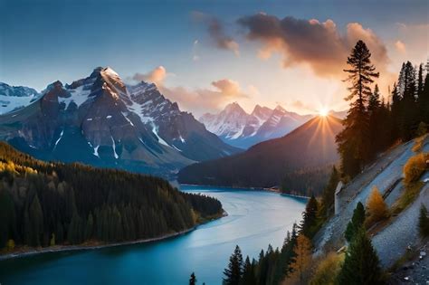 Premium Photo | A sunrise over a mountain lake