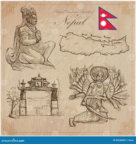 Nepal - Pictures of Life. Travel. Vector Collection. Hand Drawings ...