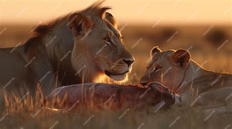 Premium AI Image | Two lions eating an antelope in the African savannah Generative Ai