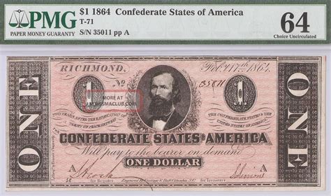 1864 Civil War $1 Dollar Csa Confederate T - 71 Pmg Choice Unc - 64