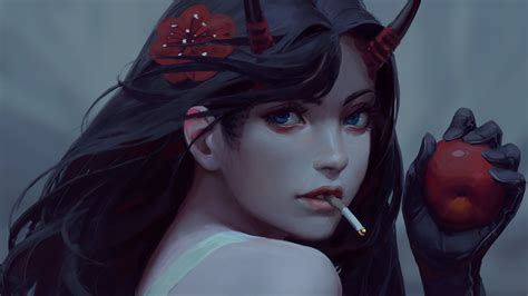 Wallpaper : GUWEIZ, women, demon girl, fruit, face, gloves, cigarettes ...