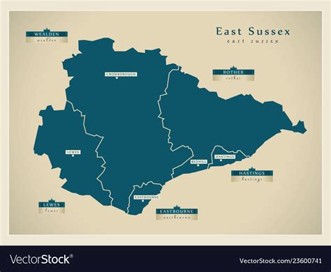 Modern map - east sussex county with districts Vector Image