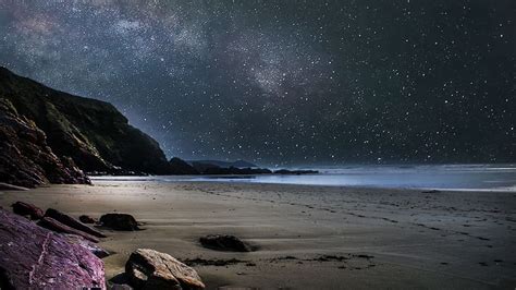 seashore during nighttime, beach, cliffs, evening, landscape, night, night sky, ocean | Piqsels