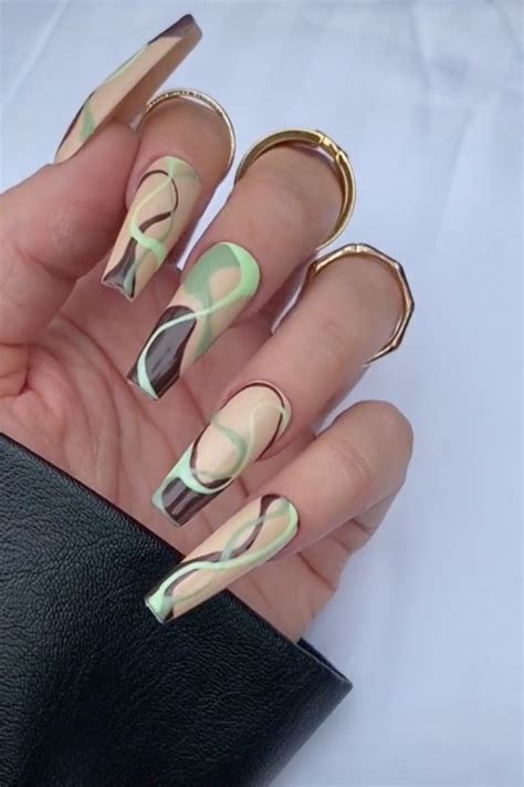 brown beige sage green swirl line nails in 2021 | Brown acrylic nails, Classy acrylic nails ...