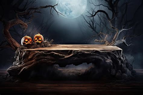 Premium AI Image | Halloween scene Empty tombstone on wooden table 3D ...