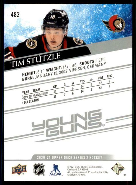 Tim Stutzle Rookie Card Upper Deck #482 2020- 2021 Young Guns