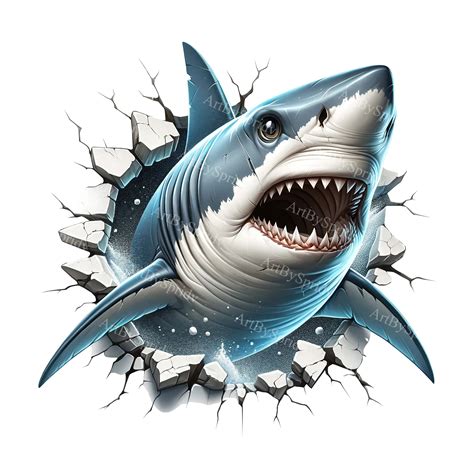 3D Effect Realistic Shark Wall Break PNG, Clipart for DTG, T-shirts ...