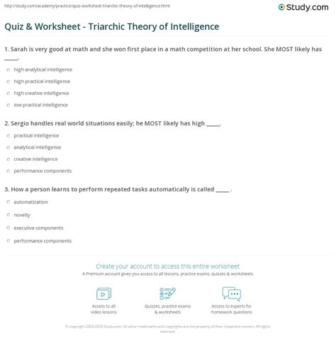 Quiz & Worksheet - Triarchic Theory of Intelligence | Study.com