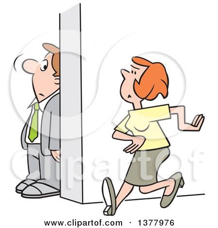 Clipart of a Cartoon White Businessman Hiding Behind a Wall to Avoid a Woman - Royalty Free ...