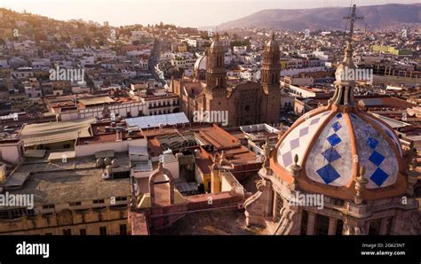 Sunrise aerial view of the historic colonial center of Zacatecas City ...