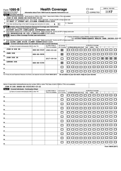 Form 1095-B - Health Coverege - 2017 printable pdf download