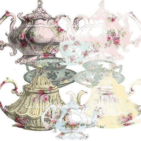 Digital Tea Clipart Vintage Teapots and Cups Digital