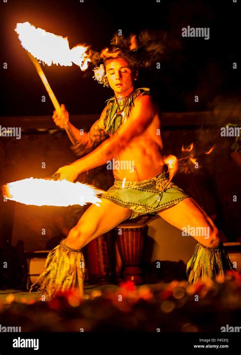 Native male Hawaiian performing traditional fire dance at Lua, Big ...