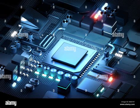 A silicon CPU and microprocessor technology for modern day applications. 3D render illustration ...