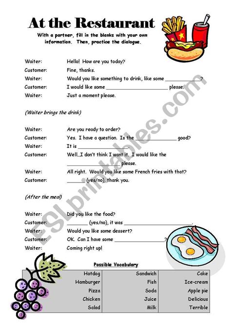 At the Restaurant - Dialogue worksheet | English worksheets for kids, Word puzzles for kids ...