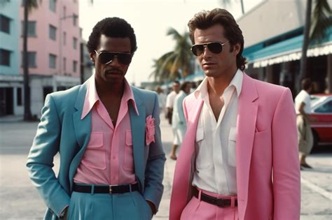 Dos retro wave vice miami formó hombres con gafas de sol escena de ...