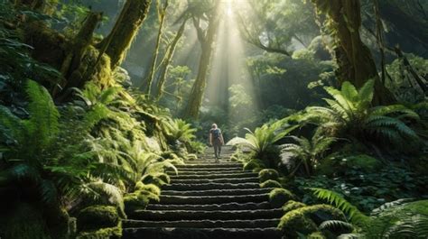 Premium AI Image | A man walks up a jungle path with a jungle scene in ...