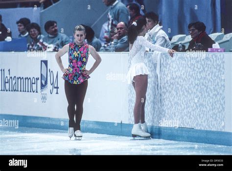 Nancy Kerrigan (USA) silver medalist and Tonya Harding during warmup ...