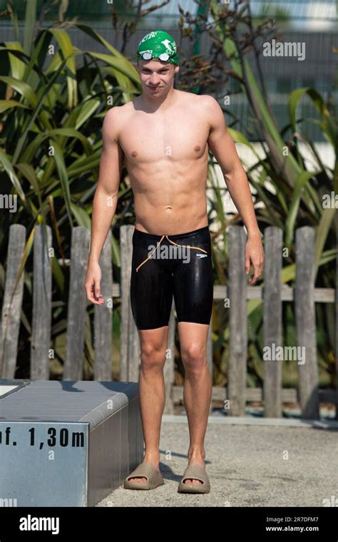 Leon Marchand trains during the Swimming French National Championships ...