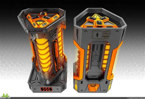 an orange and black box with some lights on it's sides, in the shape of a tower