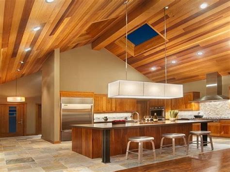Multi-color wood ceiling recessed lighting modern fixture, tile backsplash | Vaulted ceiling ...