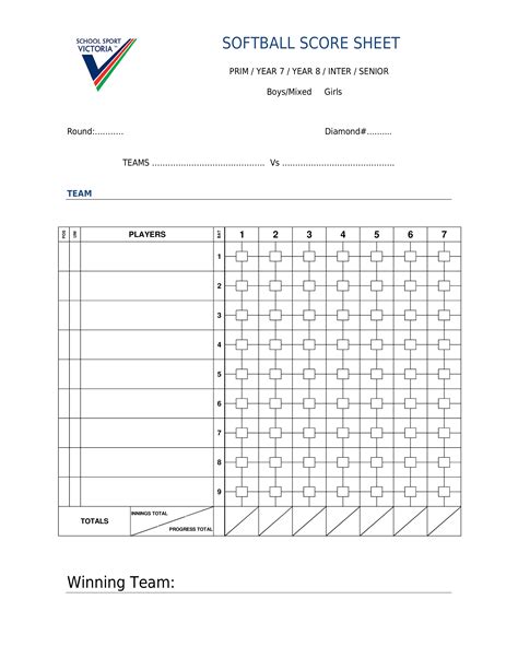 Winning Team Softball Score Sheet