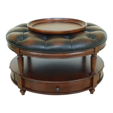 Large Round Tufted Leather Ottoman Coffee Table | Chairish