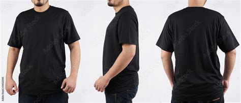 Young male in blank black t-shirt, front and back view, isolated white ...