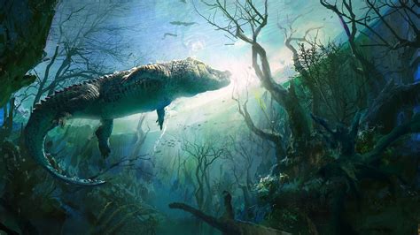 nature, Animals, Digital Art, Underwater, Crocodiles, Plants, Branch ...