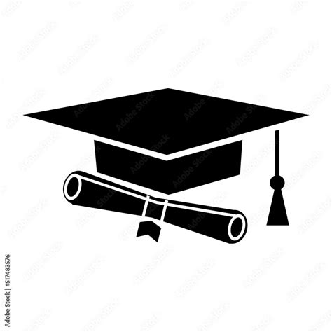 Simple graduation cap silhouette. University Graduation Cap with black certificate roll. Student ...