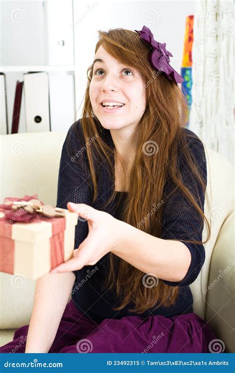 Beautiful Young Girl Receives a Gift Stock Image - Image of surprises ...