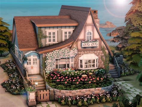 a painting of a house in the middle of a garden with flowers and bushes around it